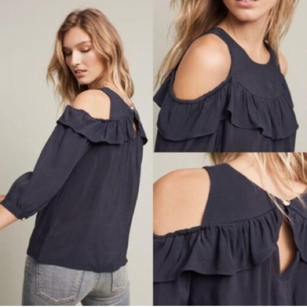 Anthropologie Maeve Black Cold Shoulder Ruffle Top size 6